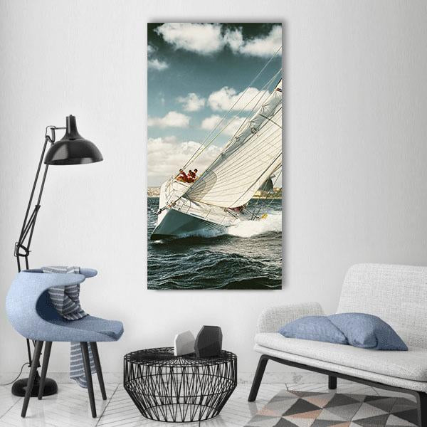 Yacht Illustration In Coastal Area Vertical Canvas Wall Art-1 Vertical-Gallery Wrap-12" x 24"-Tiaracle