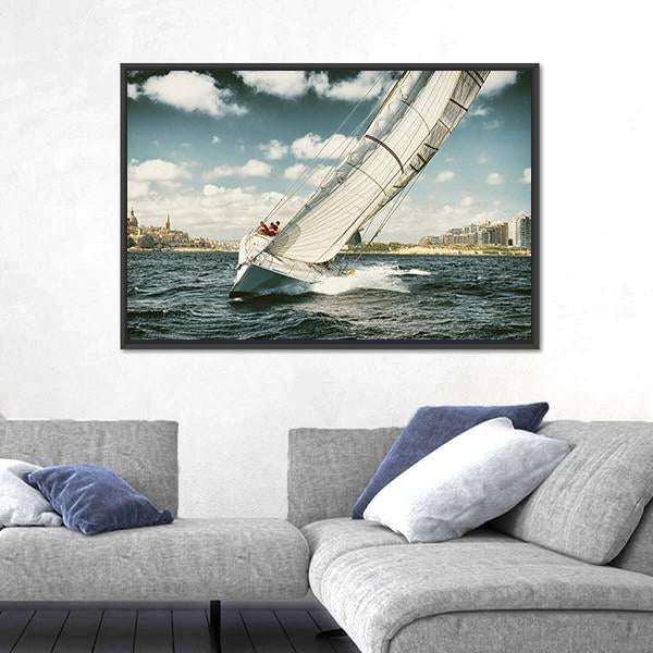 Yacht Illustration In Coastal Area Vertical Canvas Wall Art-3 Vertical-Gallery Wrap-12" x 25"-Tiaracle
