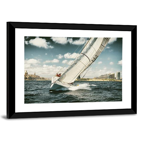 Yacht Illustration In Coastal Area Vertical Canvas Wall Art-3 Vertical-Gallery Wrap-12" x 25"-Tiaracle