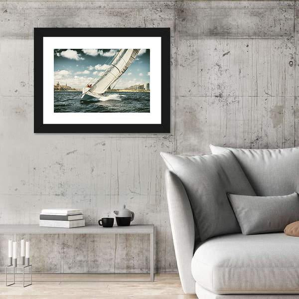 Yacht Illustration In Coastal Area Vertical Canvas Wall Art-3 Vertical-Gallery Wrap-12" x 25"-Tiaracle