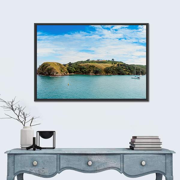 Yacht In Bay In New Zealand Canvas Wall Art-1 Piece-Floating Frame-24" x 16"-Tiaracle