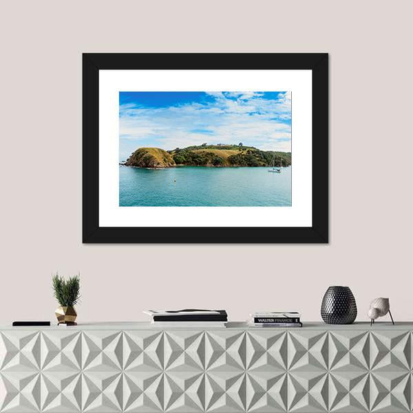 Yacht In Bay In New Zealand Canvas Wall Art-1 Piece-Framed Print-20" x 16"-Tiaracle