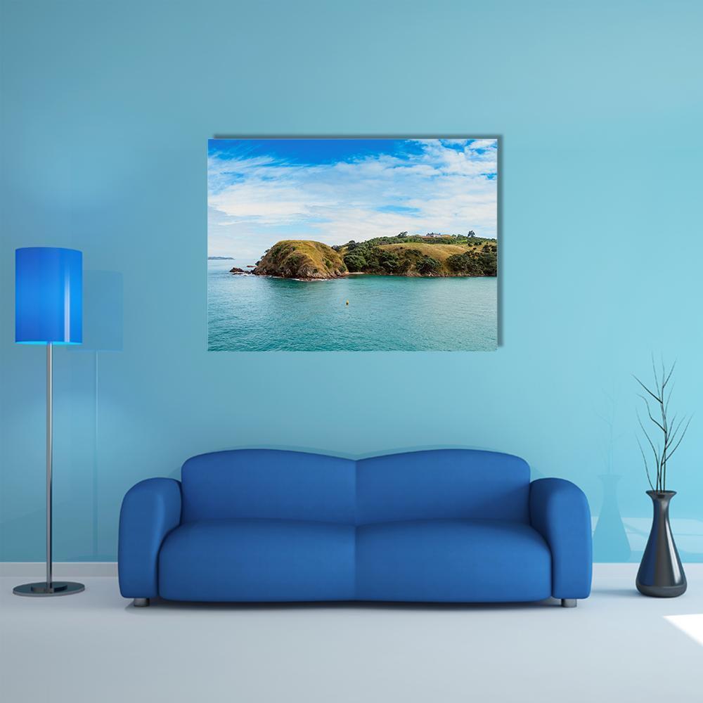 Yacht in New Zealand Bay Canvas Wall Art in white, green and blue, single panel hung on a wall