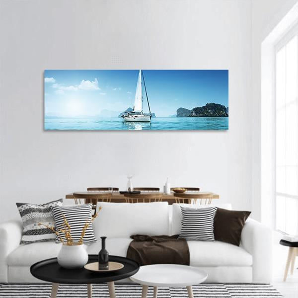 Yacht In Blue Ocean Panoramic Canvas Wall Art-1 Piece-36" x 12"-Tiaracle