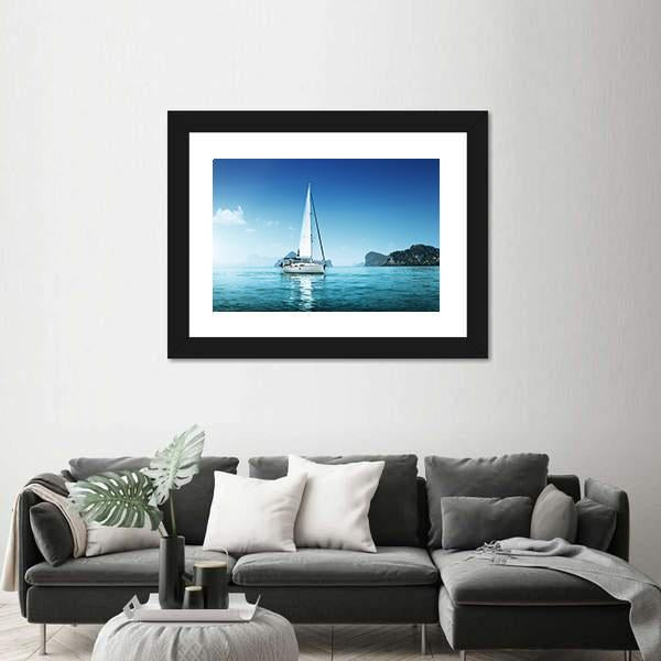 Yacht In Blue Ocean Panoramic Canvas Wall Art-1 Piece-36" x 12"-Tiaracle