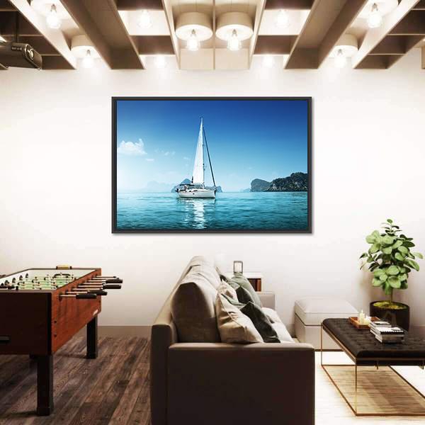Yacht In Blue Ocean Panoramic Canvas Wall Art-1 Piece-36" x 12"-Tiaracle