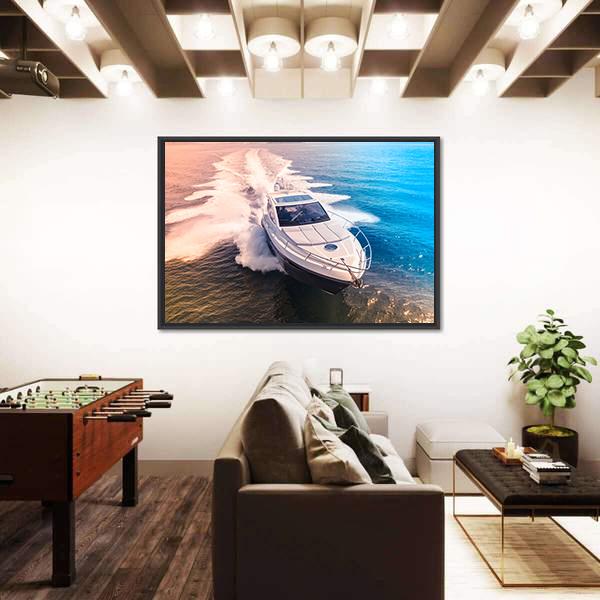 Yacht In Blue Water Canvas Wall Art-3 Horizontal-Gallery Wrap-25" x 16"-Tiaracle