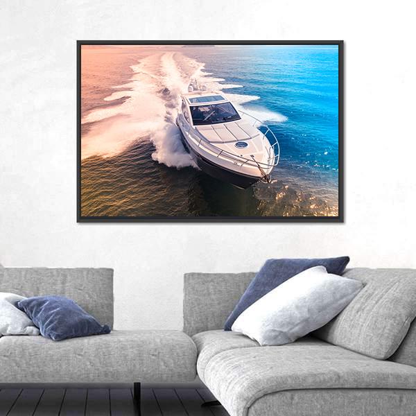 Yacht In Blue Water Canvas Wall Art-3 Horizontal-Gallery Wrap-25" x 16"-Tiaracle
