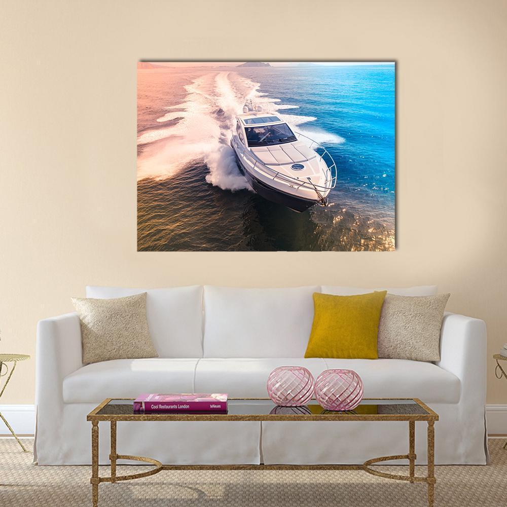 Yacht In Blue Water Canvas Wall Art-1 Piece-Gallery Wrap-48" x 32"-Tiaracle