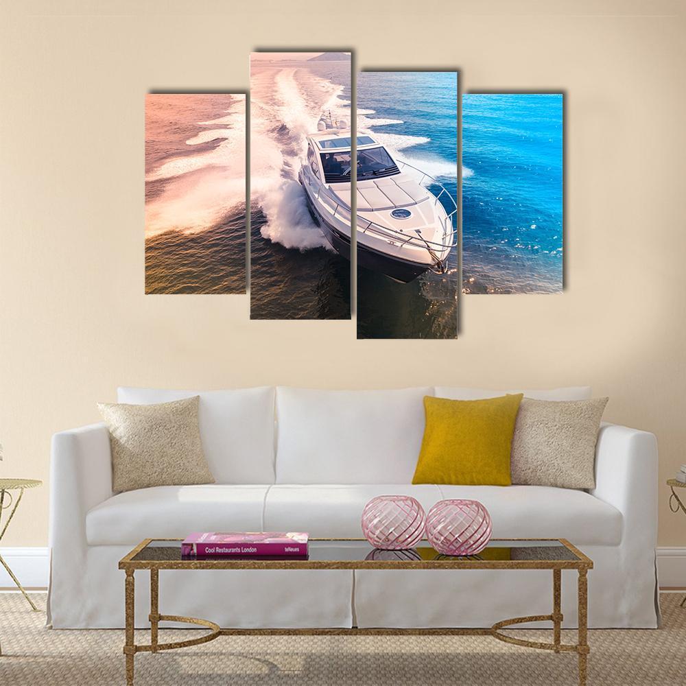 Yacht In Blue Water Canvas Wall Art-4 Pop-Gallery Wrap-50" x 32"-Tiaracle