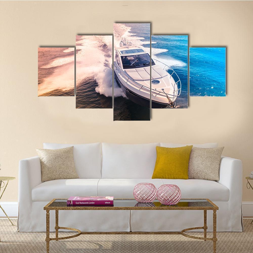 Yacht In Blue Water Canvas Wall Art-5 Star-Gallery Wrap-62" x 32"-Tiaracle