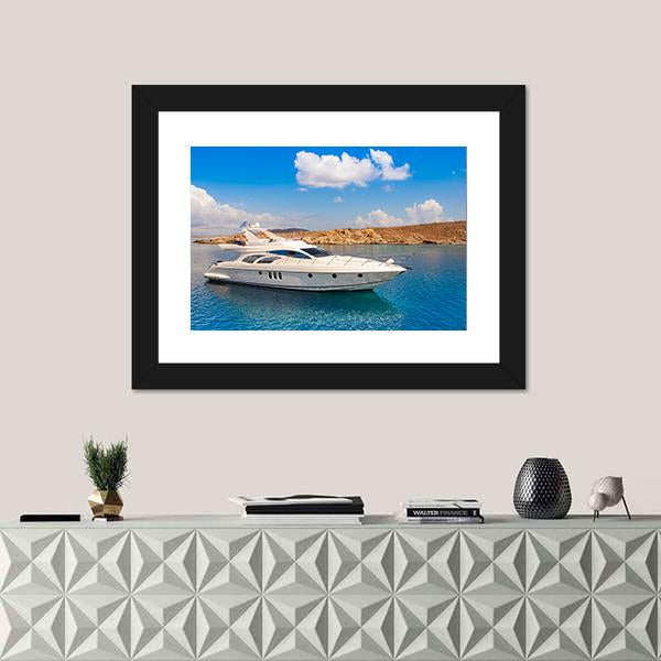 Yacht In The Sea Around The Island Canvas Wall Art-1 Piece-Framed Print-20" x 16"-Tiaracle