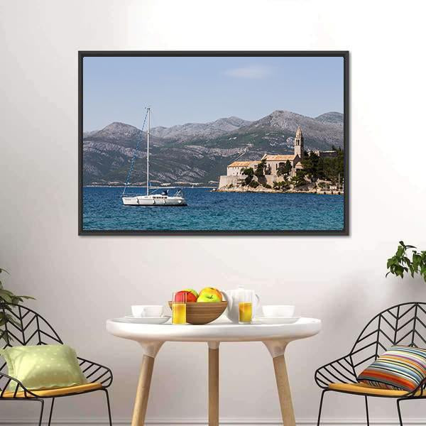 Yacht On Lopud Island Canvas Wall Art-1 Piece-Floating Frame-24" x 16"-Tiaracle