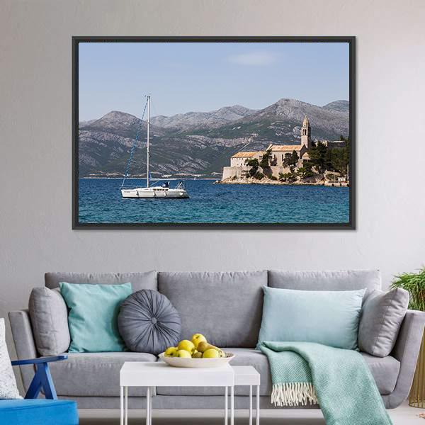 Yacht On Lopud Island Canvas Wall Art-3 Horizontal-Gallery Wrap-25" x 16"-Tiaracle