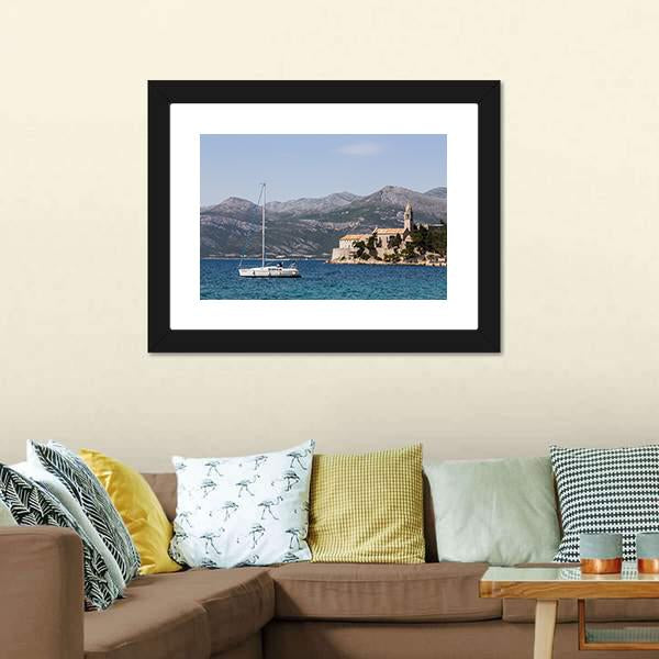 Yacht On Lopud Island Canvas Wall Art-1 Piece-Framed Print-20" x 16"-Tiaracle