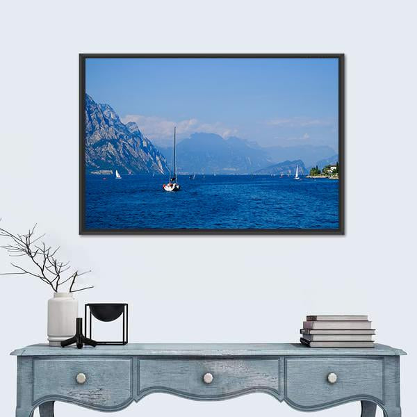 Yacht On Mountain Lake Garda Canvas Wall Art-1 Piece-Floating Frame-24" x 16"-Tiaracle