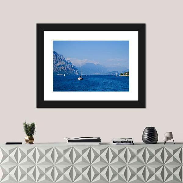 Yacht On Mountain Lake Garda Canvas Wall Art-1 Piece-Framed Print-20" x 16"-Tiaracle