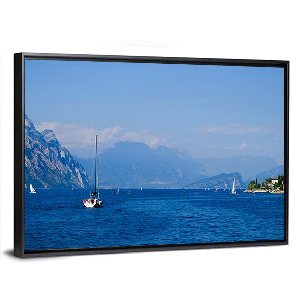 Yacht On Mountain Lake Garda Canvas Wall Art-3 Horizontal-Gallery Wrap-25" x 16"-Tiaracle