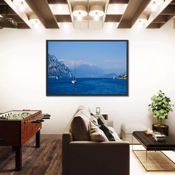 Yacht On Mountain Lake Garda Canvas Wall Art-3 Horizontal-Gallery Wrap-25" x 16"-Tiaracle