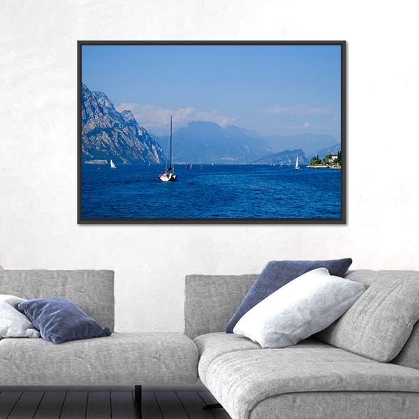 Yacht On Mountain Lake Garda Canvas Wall Art-3 Horizontal-Gallery Wrap-25" x 16"-Tiaracle