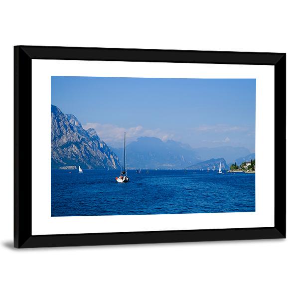 Yacht On Mountain Lake Garda Canvas Wall Art-3 Horizontal-Gallery Wrap-25" x 16"-Tiaracle