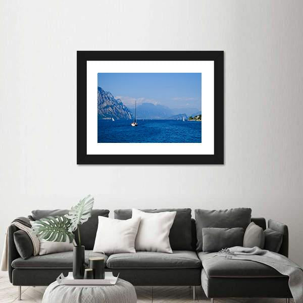 Yacht On Mountain Lake Garda Canvas Wall Art-3 Horizontal-Gallery Wrap-25" x 16"-Tiaracle