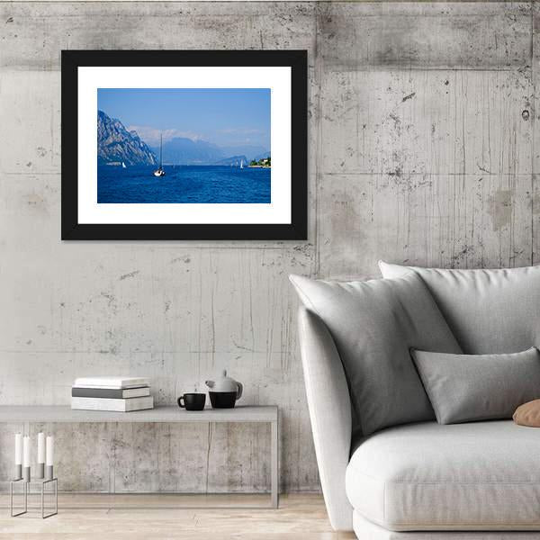 Yacht On Mountain Lake Garda Canvas Wall Art-3 Horizontal-Gallery Wrap-25" x 16"-Tiaracle