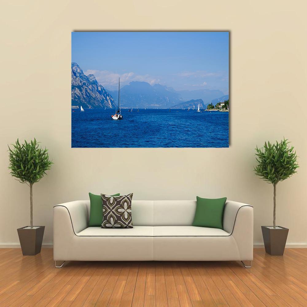 Yacht On Mountain Lake Garda Canvas Wall Art-1 Piece-Gallery Wrap-48" x 32"-Tiaracle