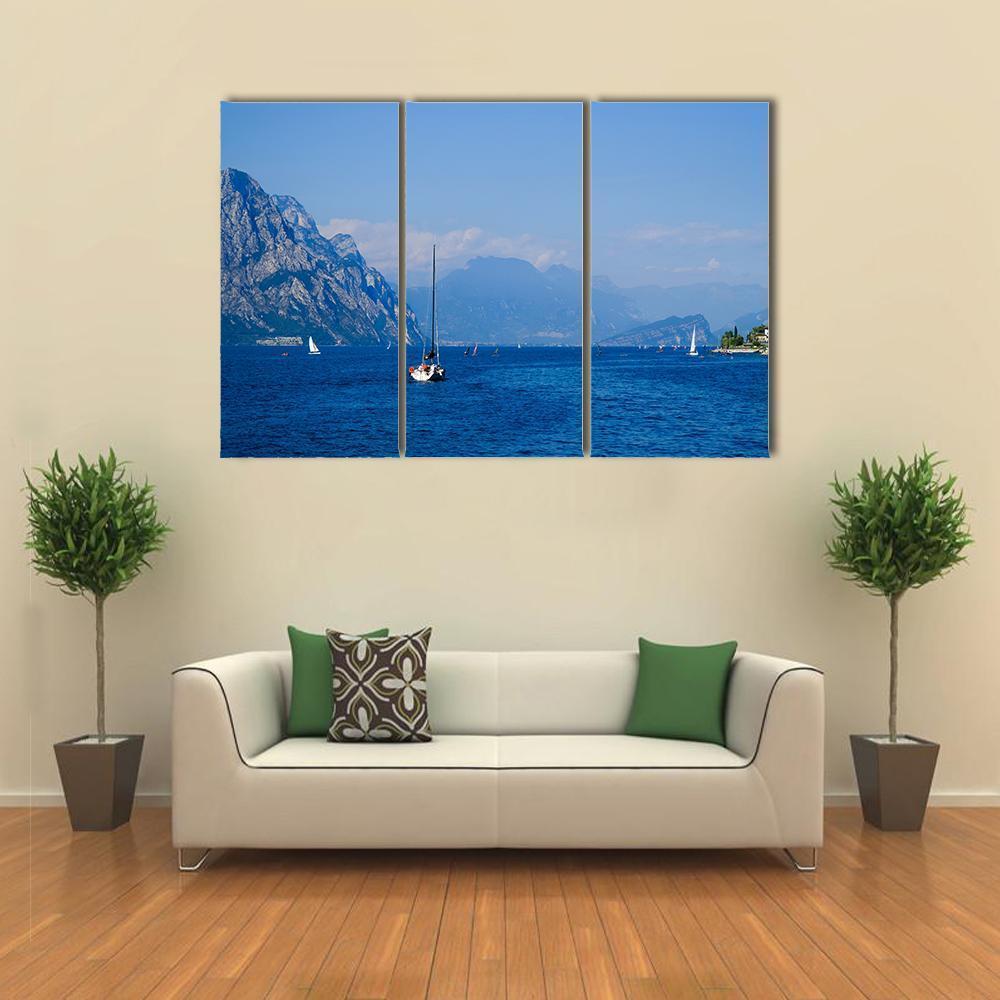 Yacht On Mountain Lake Garda Canvas Wall Art-3 Horizontal-Gallery Wrap-37" x 24"-Tiaracle
