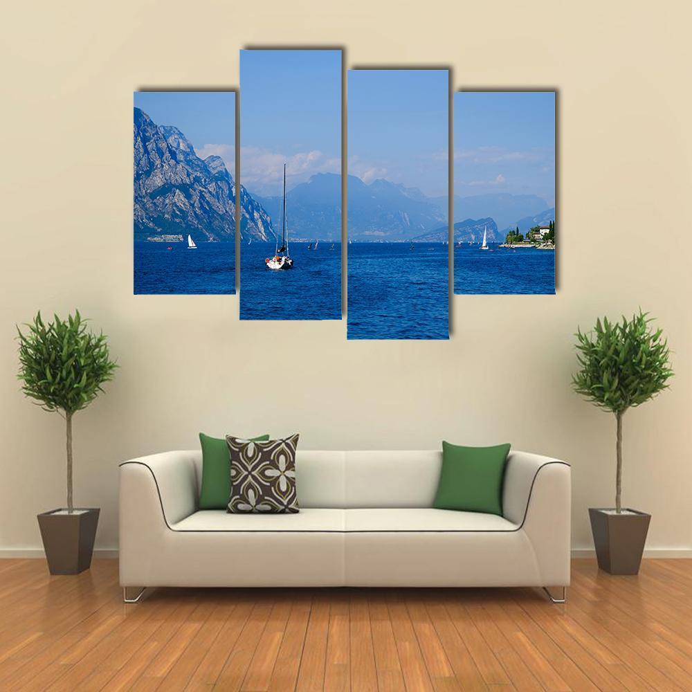 Yacht On Mountain Lake Garda Canvas Wall Art-4 Pop-Gallery Wrap-50" x 32"-Tiaracle