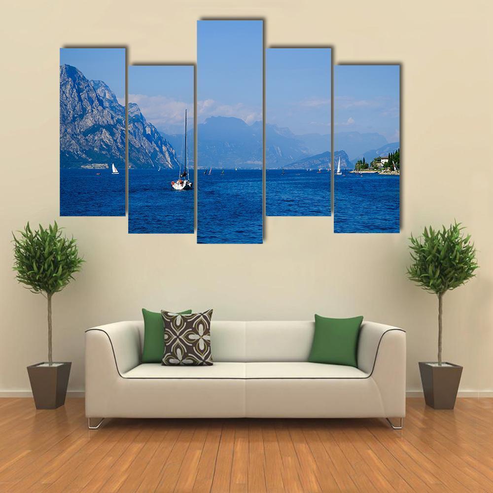 Yacht On Mountain Lake Garda Canvas Wall Art-5 Pop-Gallery Wrap-47" x 32"-Tiaracle