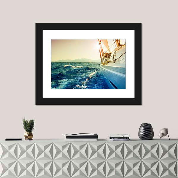 Yacht Sailing Against Sunset Canvas Wall Art-1 Piece-Framed Print-20" x 16"-Tiaracle