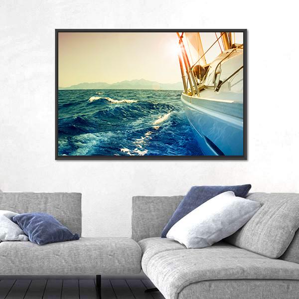 Yacht Sailing Against Sunset Canvas Wall Art-3 Horizontal-Gallery Wrap-25" x 16"-Tiaracle