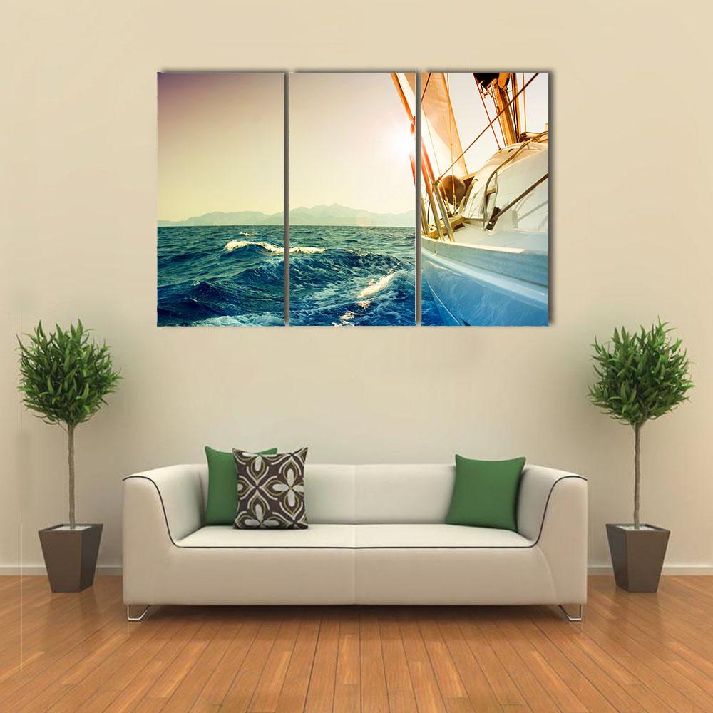 Yacht Sailing Against Sunset Canvas Wall Art-3 Horizontal-Gallery Wrap-25" x 16"-Tiaracle