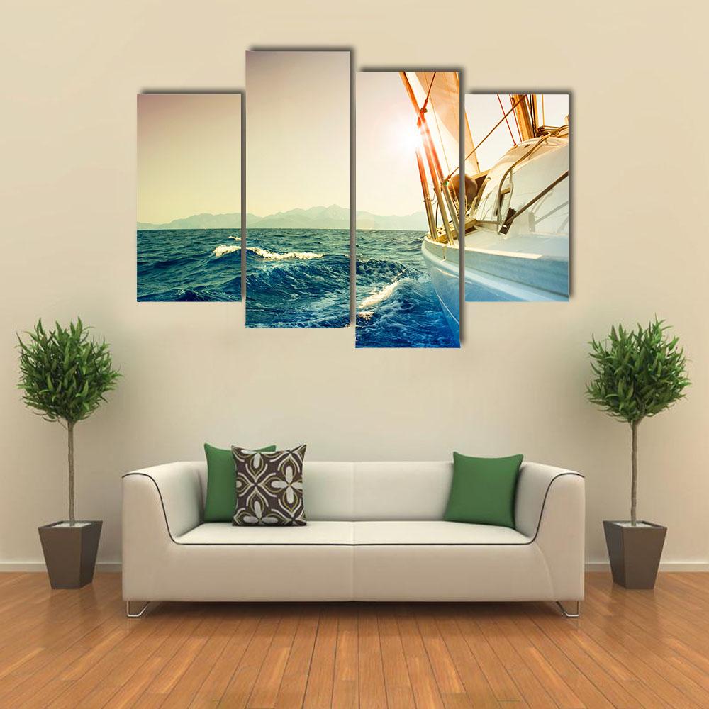 Yacht Sailing Against Sunset Canvas Wall Art-4 Pop-Gallery Wrap-34" x 20"-Tiaracle