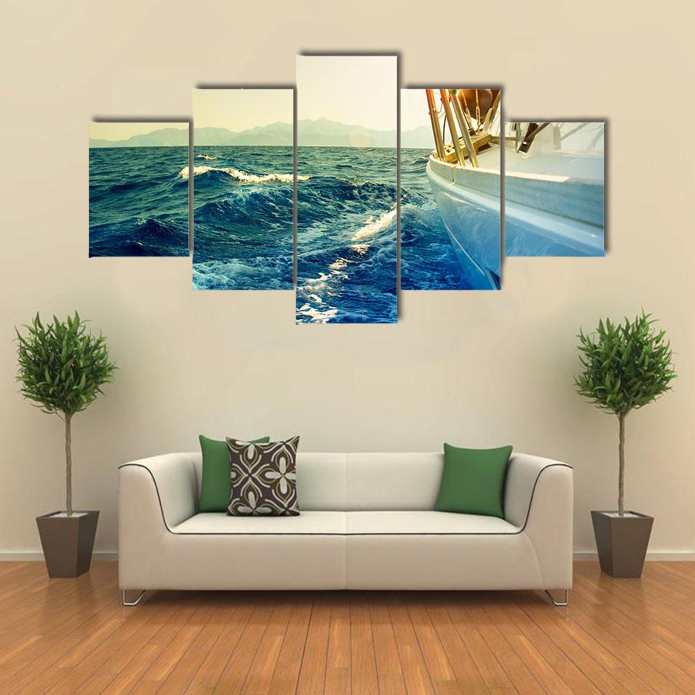 Yacht Sailing Against Sunset Canvas Wall Art-5 Star-Gallery Wrap-42" x 21"-Tiaracle