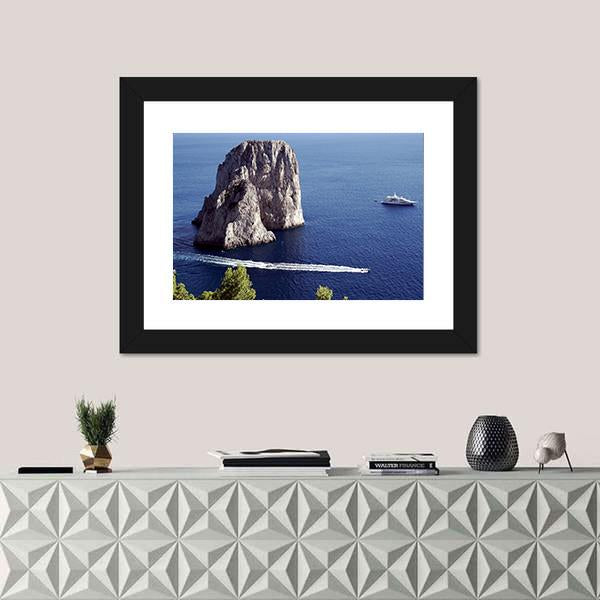 Yacht Sailing In Il Faraglioni Of Capri Island Canvas Wall Art-1 Piece-Framed Print-20" x 16"-Tiaracle