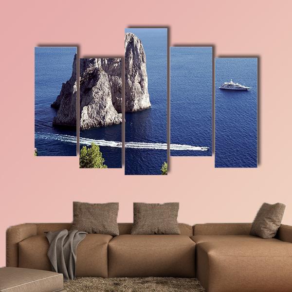 Yacht Sailing In Il Faraglioni Of Capri Island Canvas Wall Art-5 Pop-Gallery Wrap-47" x 32"-Tiaracle