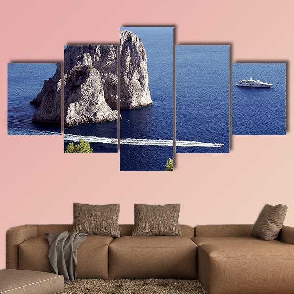 Yacht Sailing In Il Faraglioni Of Capri Island Canvas Wall Art-5 Star-Gallery Wrap-62" x 32"-Tiaracle