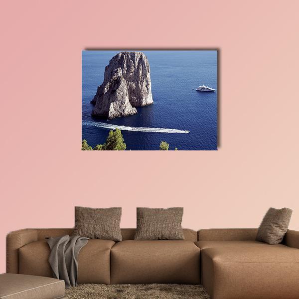Yacht at Il Faraglioni, Capri Canvas Wall Art in gray and blue, single panel hung on a wall