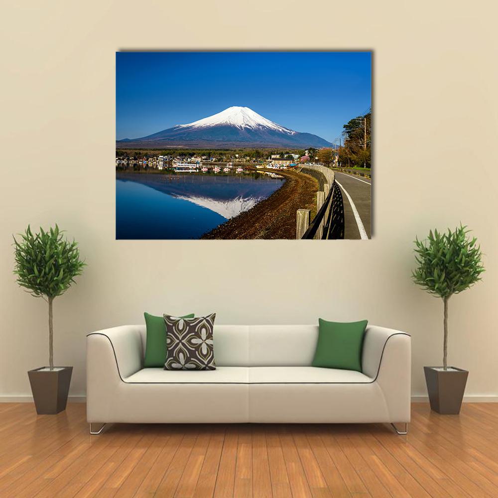 Yamanaka Lake with Mount Fuji Canvas Wall Art in white, brown and blue, single panel hung on a wall