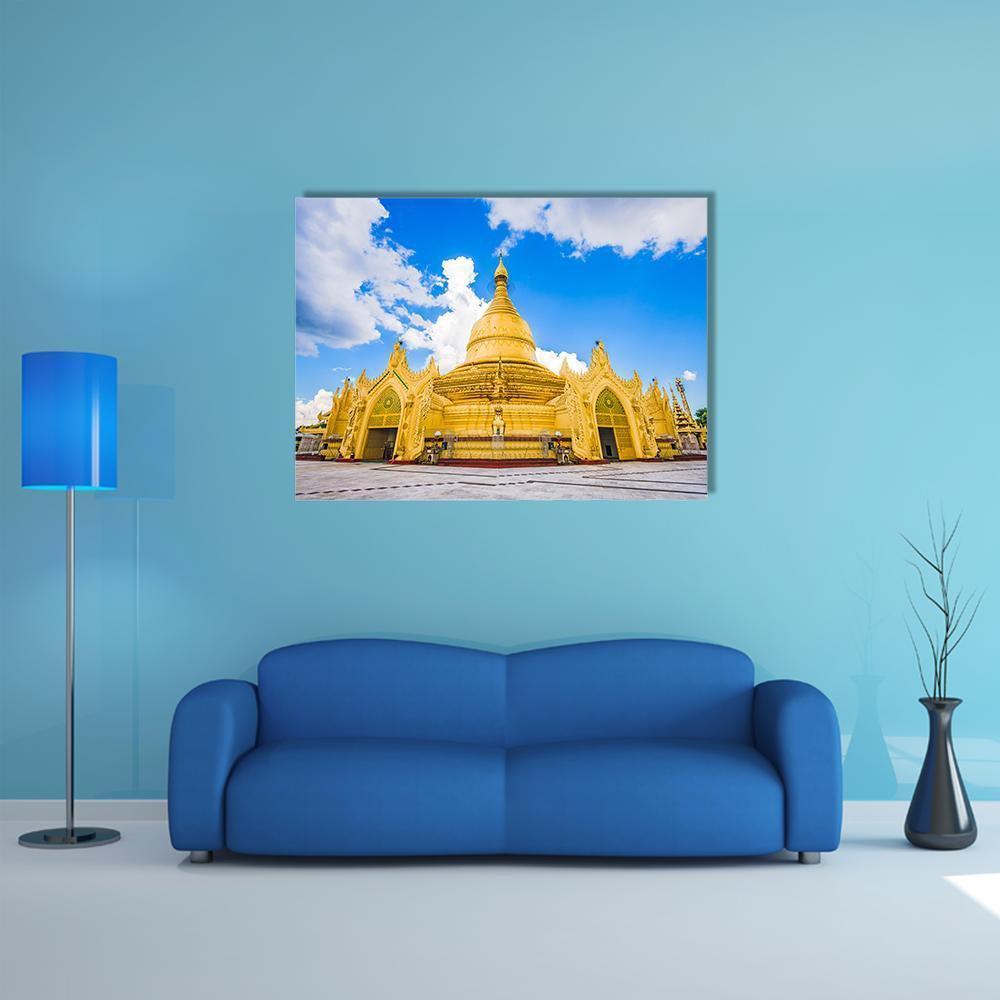 Maha Wizaya Pagoda in Yangon Canvas Wall Art in gold, yellow and blue, single panel hung on a wall
