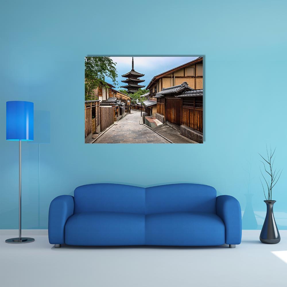 Yasaka Pagoda and Sannen Zaka Street Canvas Wall Art in gray, beige and brown, single panel hung on a wall
