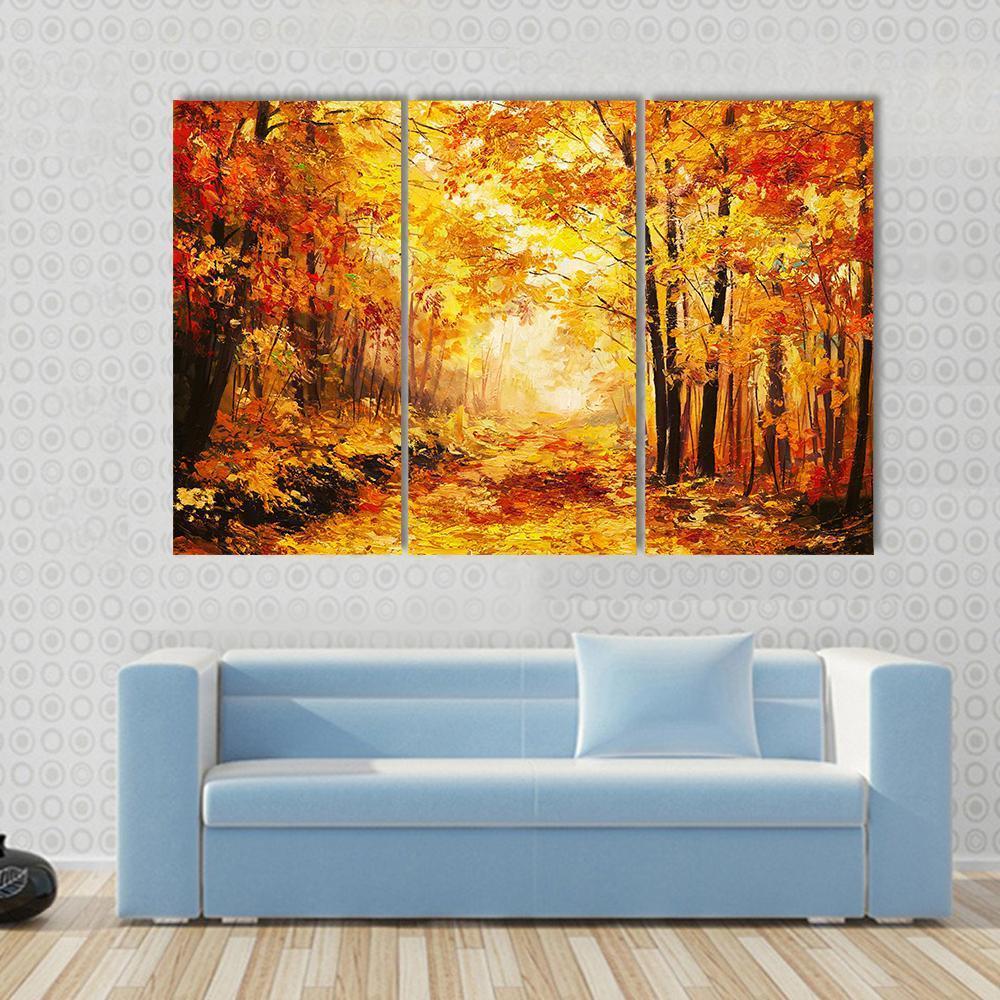 Yellow Autumn Forest Canvas Wall Art-3 Horizontal-Gallery Wrap-37&quot; x 24&quot;-Tiaracle