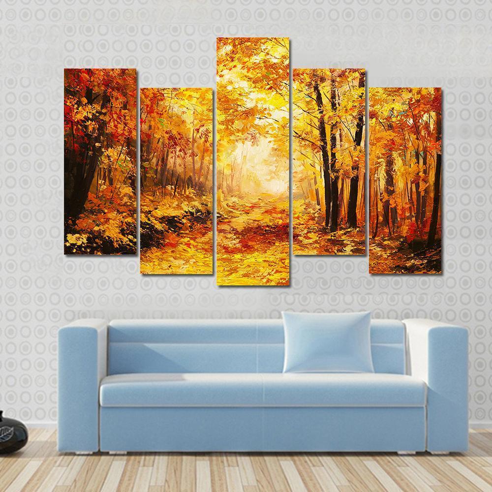 Yellow Autumn Forest Canvas Wall Art-4 Pop-Gallery Wrap-50" x 32"-Tiaracle