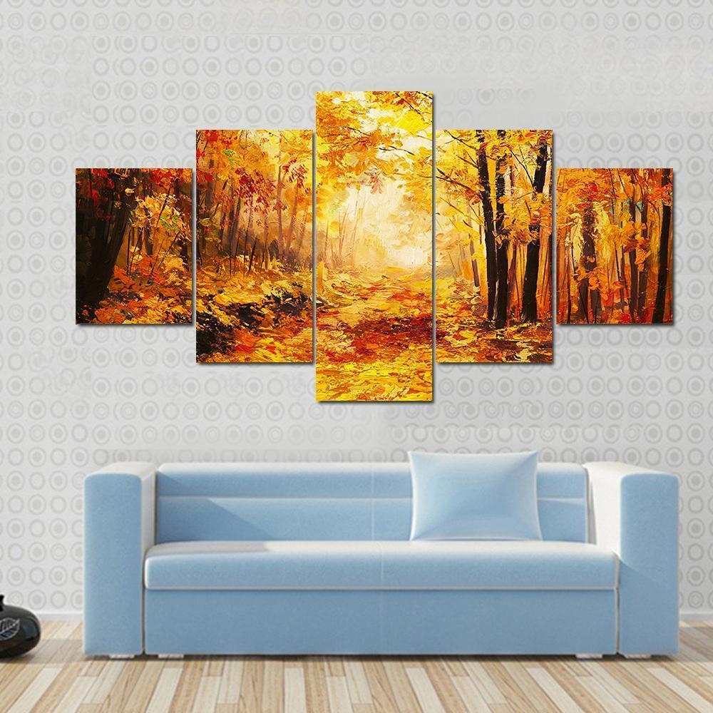 Yellow Autumn Forest Canvas Wall Art-5 Star-Gallery Wrap-62&quot; x 32&quot;-Tiaracle