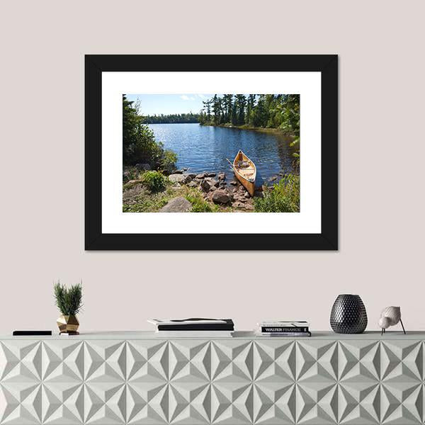 Yellow Canoe In Lake Canvas Wall Art-1 Piece-Framed Print-20" x 16"-Tiaracle