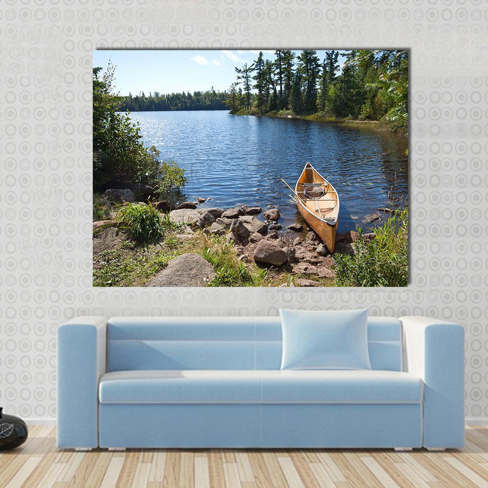 Yellow Canoe In Lake Canvas Wall Art-5 Horizontal-Gallery Wrap-22" x 12"-Tiaracle