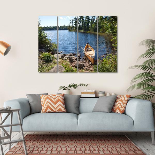 Yellow Canoe In Lake Canvas Wall Art-4 Horizontal-Gallery Wrap-34" x 24"-Tiaracle