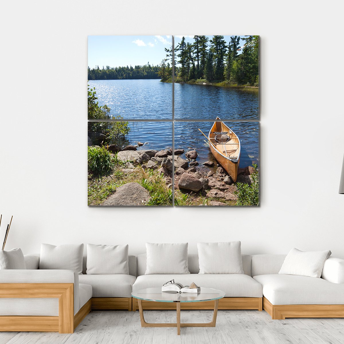 Yellow Canoe In Lake Canvas Wall Art-4 Square-Gallery Wrap-17" x 17"-Tiaracle